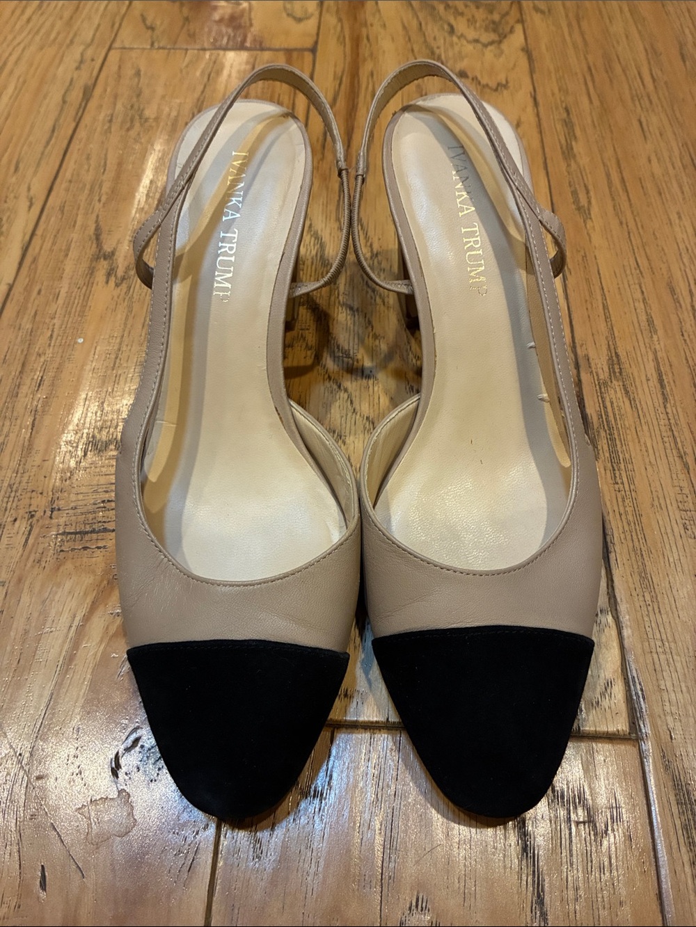 Ivanka Trump Beige and Black Cap-Toe Slingback Flats